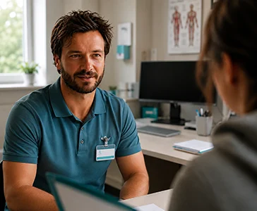 Hausarzt im Gespräch mit Patientin in einer Hausarztpraxis