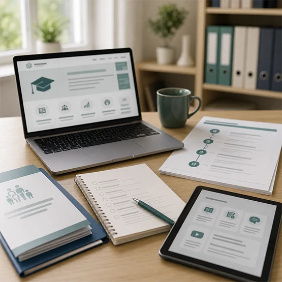 Laptop, Tablet und Unterlagen mit Symbolen zu den Bausteinen von CONFIDENCE