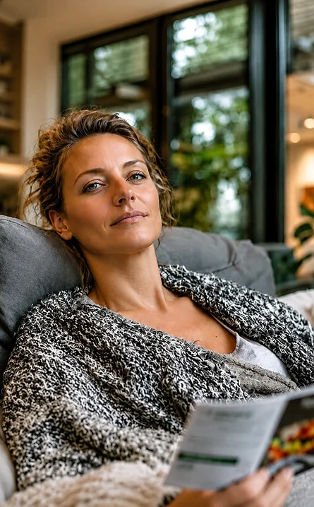 Patientin ruht auf einem Sofa und hält Informationsmaterial zum Projekt CONFIDENCE