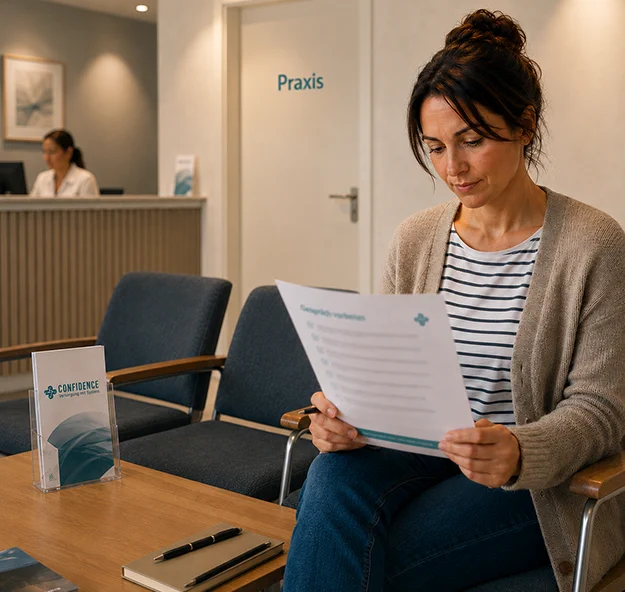 Patientin liest ein Informationsblatt im Wartebereich einer Hausarztpraxis