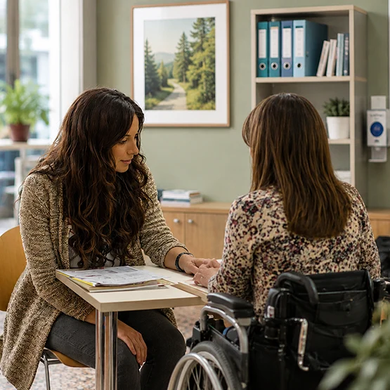 Therapeutin im Gespräch mit einer Patientin im Rollstuhl
