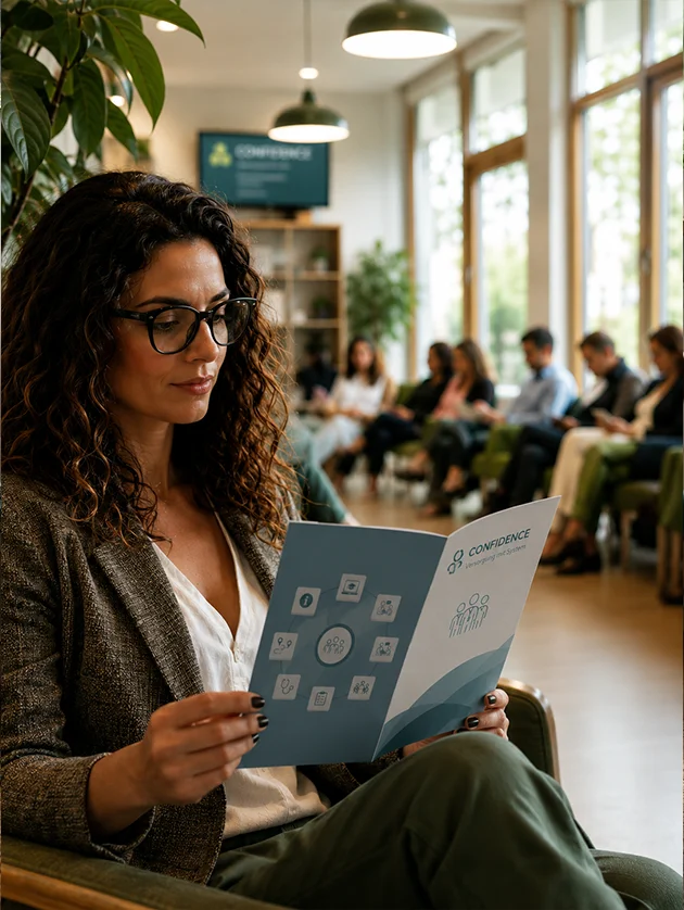 Patientin liest CONFIDENCE-Informationsmaterial in einem Wartebereich