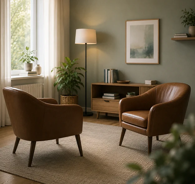 Zwei Sessel in einem ruhigen Therapieraum